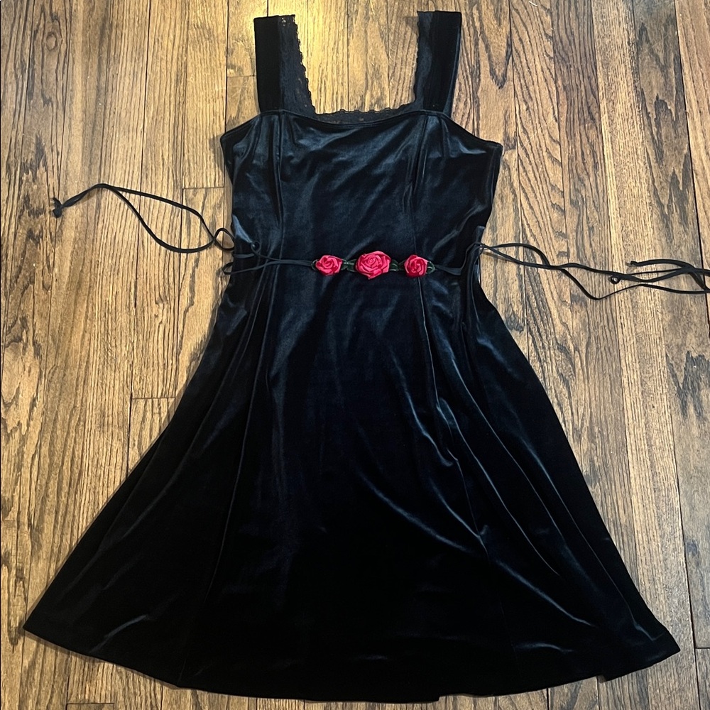 Betsey Johnson Black Velvet Dress with Red Rose Accents
